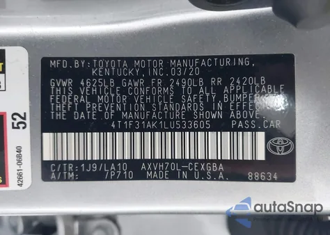 2020 Toyota Camry Xle Hybrid z USA, uszkodzony, nr VIN 4T1F31AK1LU533605